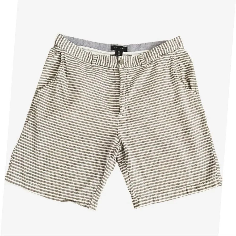 Tahari Gray and White Stripes Linen Unisex Shorts SZ 34